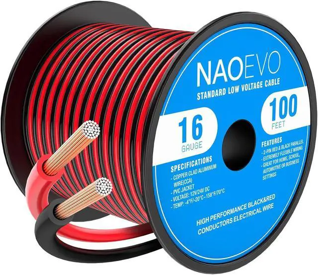 Main image of NAOEVO 16 Gauge Wire 100FT, 2 Conductors Electrical Wire Red Black Cable, Flexible/Low Voltage/PVC 16 AWG Copper Clad Aluminum Extension Cord for Speaker Wire, LED Wire, Automotive Wire 12V/24V DC