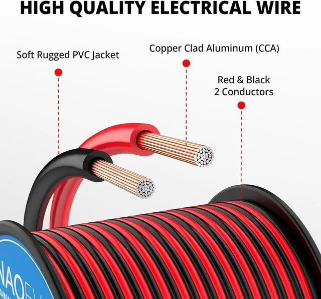Alt view image 2 of 7 - NAOEVO 16 Gauge Wire 100FT, 2 Conductors Electrical Wire Red Black Cable, Flexible/Low Voltage/PVC 16 AWG Copper Clad Aluminum Extension Cord for Speaker Wire, LED Wire, Automotive Wire 12V/24V DC