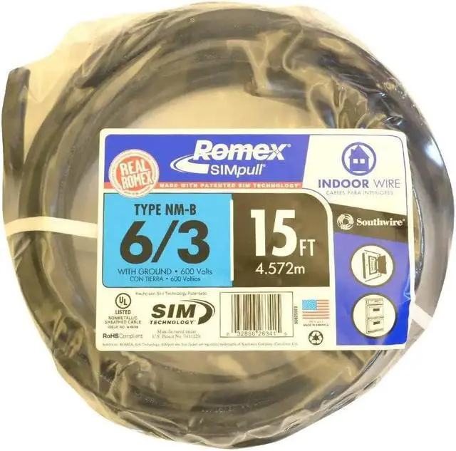 Main image of Southwire 15 ft. 6/3 Black Stranded Romex SIMpull CU NM-B W/G Wire