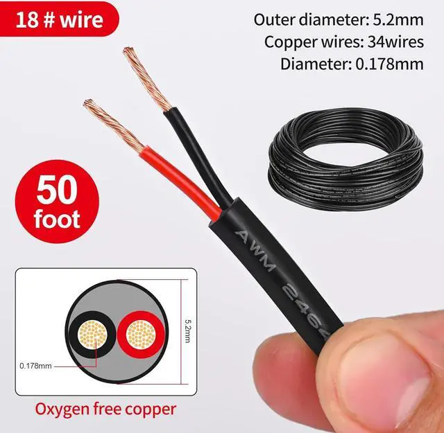 Alt view image 2 of 7 - 18 Gauge Electrical Wire 2 Conductor,18 AWG Electrical Wire Stranded PVC Cord Oxygen-Free Copper Cable,50FT Pure Copper Electrical Wire Cord for LED Lamp Lighting Strips Automotive