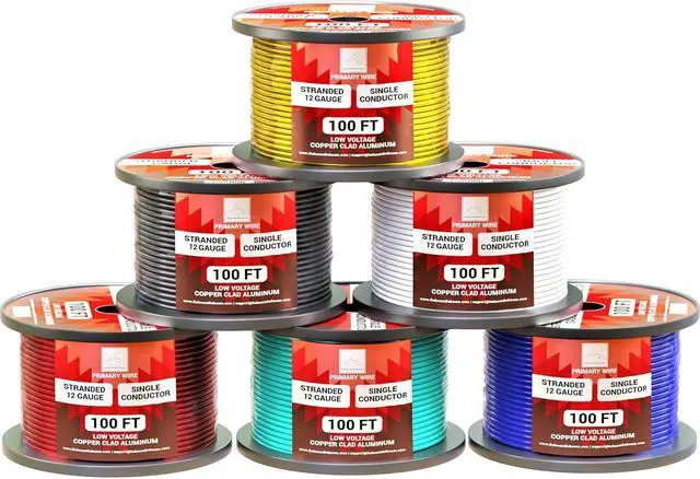 Main image of 12 Gauge Wire Combo 6 Pack 12V 100'FT per Roll (600 ft Total) 12 Gauge Auto Wire Copper Clad Aluminium Low Voltage 12 Gauge Wire