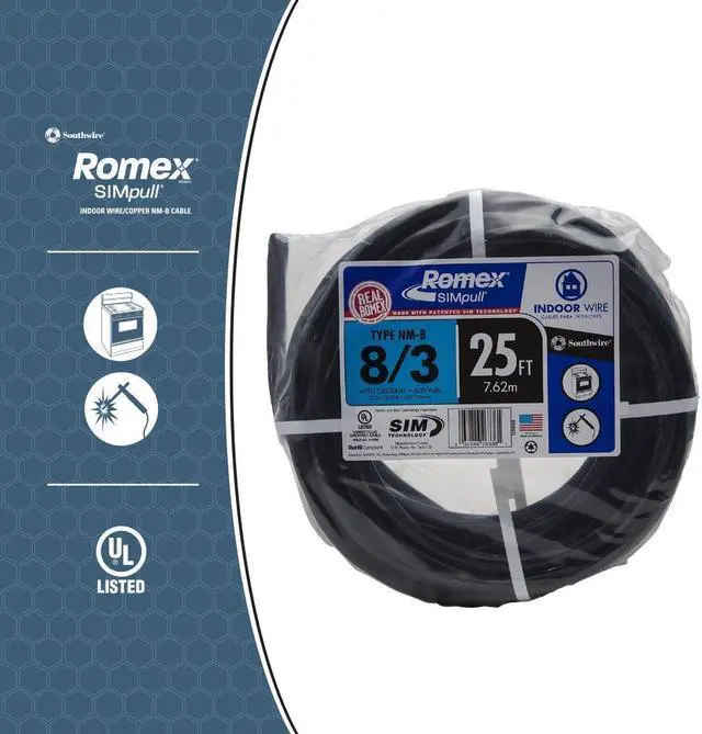 Alt view image 4 of 5 - 25' 8/3 with ground Romex brand SIMpull residential indoor electrical wire type NM-B; Black