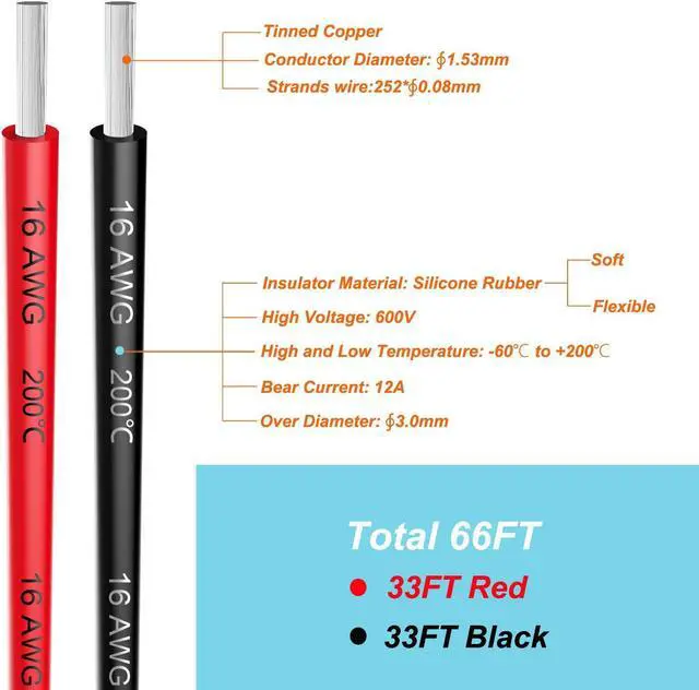 Alt view image 2 of 6 - 16 awg Silicone Electrical Wire Cable 66ft [Black 33ft Red 33ft] 16 Gauge Separete Wire Hook Up Oxygen Free Stranded Tinned Copper Wire High Temperature Resistance Spool