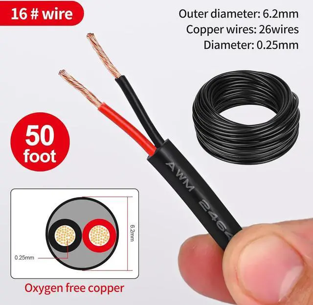 Alt view image 2 of 7 - 16 Gauge Electrical Wire 2 Conductor,16 AWG Electrical Wire Stranded PVC Cord Oxygen-Free Copper Cable,50FT 2 Core Flexible Extension Power Cord for Auto Cord for LED Lamp Lighting Strips Automotive