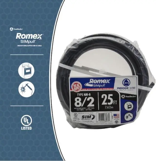 Alt view image 2 of 2 - Southwire 28893621 8/2 AWG 25ft. Nonmetallic With Ground Sheathed Cable, Black