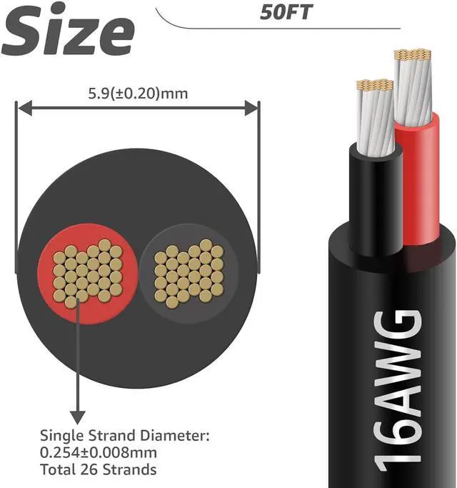Alt view image 2 of 7 - 50FT 16AWG Electrical Wire, 16 Gauge 2 Conductor Stranded PVC Cord Tinned Copper Low Voltage Cable, Flexible Extension Power Cord for LED Strips, Indoor Lamps, Landscape Lighting, Automotive