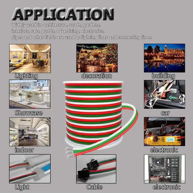 Alt view image 2 of 7 - 100ft Extension Cable 3 Pin Wire Cord 30M 22AWG Hookup Electrical 3 Color Wire Stranded Tinned Copper Cord for Led Strips WS2812B WS2811 Dream RGB Color 3528 5050,12/24V DC LEDs RGB Lighting