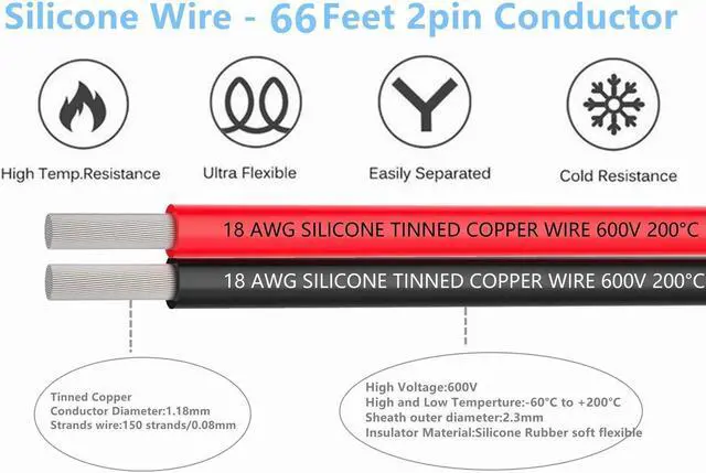 Alt view image 3 of 7 - 18 AWG Wire Electrical Wires - Flexible Silicone Wire 2 Conductor Parallel Wire (Black 66ft Red 66ft) Stranded Wire Electronic Hook up Wire