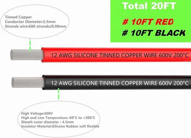 Alt view image 2 of 6 - 12 Gauge Electrical Wire 20 Feet [10 ft Black and 10 ft Red] Tinned Copper Wire Stranded Wire - 12 AWG Silicone Wire - Flexible Silicone Wire Works Well for RC car, Drone