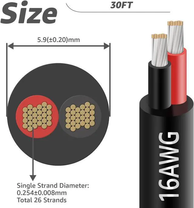 Alt view image 2 of 7 - 16 Gauge 2 Conductor Electrical Wire, 30FT 16AWG Stranded PVC Cord Tinned Copper Flexible Low Voltage Cable, Extension Power Cord for LED Strips, Indoor Lamps, Landscape Lighting, Automotive
