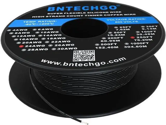 Main image of BNTECHGO 24 Gauge Silicone Wire Spool 250 ft Black Flexible 24 AWG Stranded Tinned Copper Wire