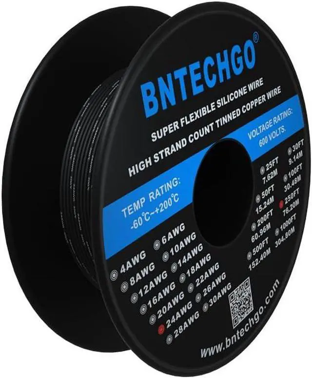Alt view image 2 of 7 - BNTECHGO 24 Gauge Silicone Wire Spool 250 ft Black Flexible 24 AWG Stranded Tinned Copper Wire