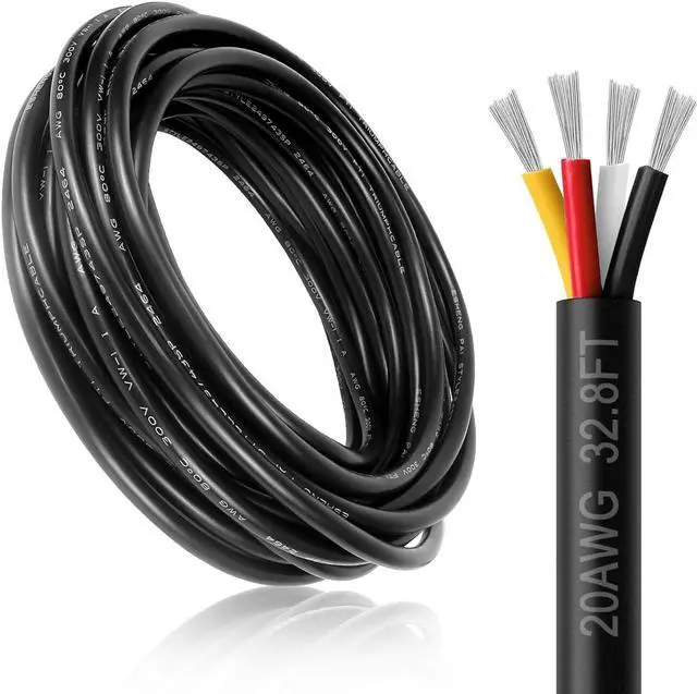 Main image of 20 Gauge 4 Conductor Wire, 32.8FT Black PVC Stranded Tinned Copper Wire, 20/4 Speaker Wire, Audio Power Cable, Flexible 20AWG 4 Wire Cable for Security/Alarm/Access Control/Sound