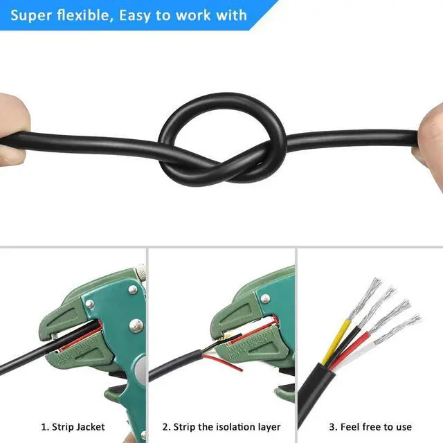 Alt view image 5 of 7 - 20 Gauge 4 Conductor Wire, 32.8FT Black PVC Stranded Tinned Copper Wire, 20/4 Speaker Wire, Audio Power Cable, Flexible 20AWG 4 Wire Cable for Security/Alarm/Access Control/Sound