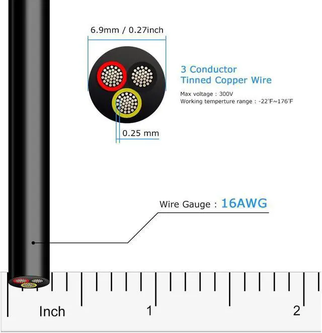 Alt view image 4 of 7 - 16 Gauge 3 Conductor Electrical Wire, 32.8FT Black Stranded Low Voltage 16/3 Cable PVC Case, 16 AWG Tinned Copper 3 Wire Cable, Flexible Extension Power Cord for LED Lamp Lighting Automotive