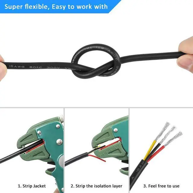 Alt view image 7 of 7 - 16 Gauge 3 Conductor Electrical Wire, 32.8FT Black Stranded Low Voltage 16/3 Cable PVC Case, 16 AWG Tinned Copper 3 Wire Cable, Flexible Extension Power Cord for LED Lamp Lighting Automotive
