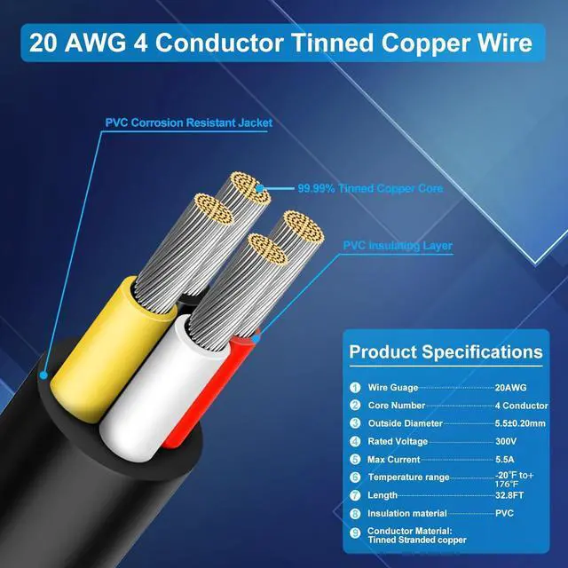 Alt view image 2 of 7 - 20 Gauge 4 Conductor Wire, 49.2FT 20/4 Tinned Copper 4 Wire Cable, Stranded Electrical Wires for Speaker,Automotive,Thermostat,Trailer,Irrigation,Sprinkler Etc