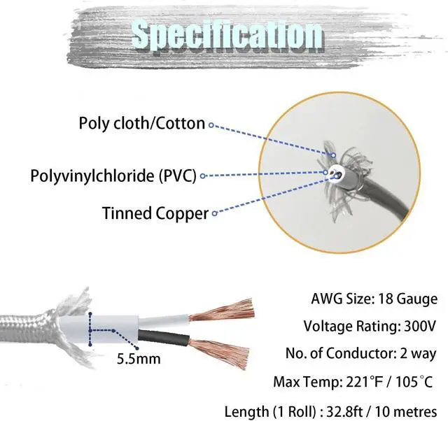 Alt view image 4 of 7 - Helunsi 32.8ft Cloth Covered Lamp Cord, 18 AWG 2 Conductor Silver Vintage Electrical Cord Braided Electrical Wire, 18 Gauge Round Rayon Fabric Covered Wire for DIY Antique Industrial Lighting Project