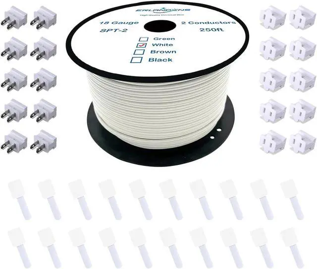 Main image of 18#SPT-2W 250FT Electrical Wire 18/2 Zip Cord with 20 Vampire Plugs Copper Stranded 18 Gauge 2pin Extension Wire Flexible Wire Outdoor LED Landscape Lighting Wire, White