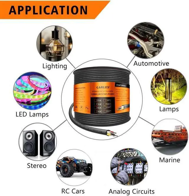 Alt view image 4 of 6 - 22 Gauge 4 Conductor Electrical Wire, 100FT Black Stranded Low Voltage 22/4 Cable PVC Case, Flexible Extension Power Cord for LED Lamp