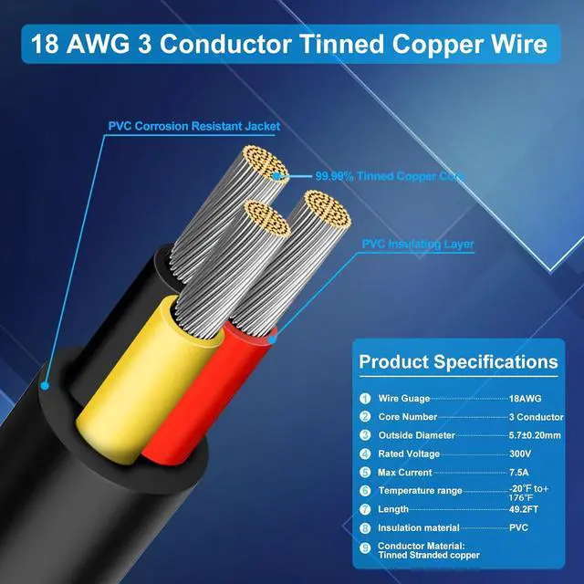 Alt view image 2 of 7 - 18 Gauge 3 Conductor Electrical Wire, 49.2FT Low Voltage 18/3 Tinned Copper Stranded 3 Wire Cable, 18 AWG Black Flexible Extension Power Cord for Automotive, LED Lamp, Outdoor Landscape Lighting Etc
