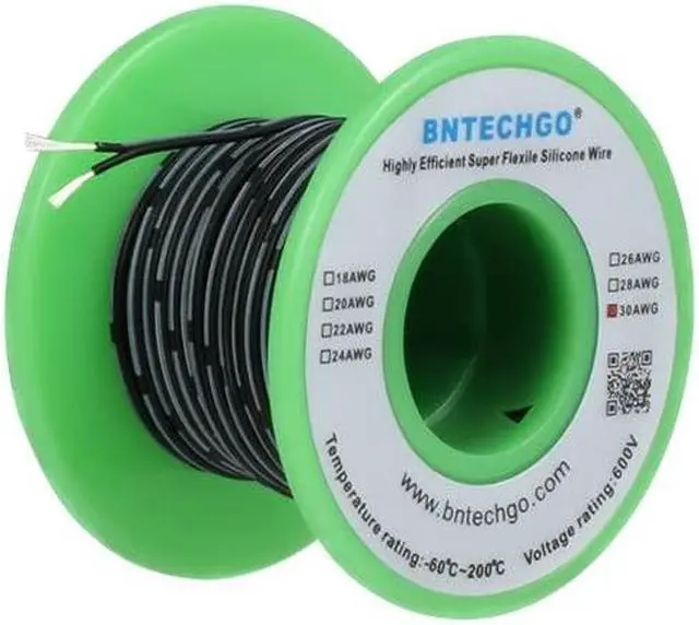 Main image of BNTECHGO 30 Gauge Silicone Ribbon Cable Flexible 2P Black 100 ft Flat Cable 30 AWG Stranded Tinned Copper Wire