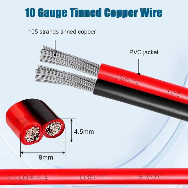 Alt view image 2 of 6 - 10 Gauge Wire 2 Conductor Tinned Copper Cable, Flexible 10 AWG Marine Wire for Solar Panel, LED Strip, Boat, Automotive, Trailer and Speaker (10 Gauge 20FT)