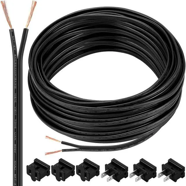 Main image of SPT-1 100 ft 18/2 Wire Electrical Wire with 6 Plugs 18 AWG Wire 18 Gauge Wire for LED Lighting Strip Lamp, Lamp Extension Cable, Residential Outdoor Commercial Industrial, Black