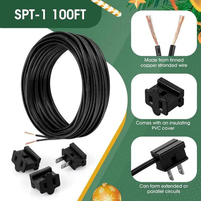 Alt view image 2 of 7 - SPT-1 100 ft 18/2 Wire Electrical Wire with 6 Plugs 18 AWG Wire 18 Gauge Wire for LED Lighting Strip Lamp, Lamp Extension Cable, Residential Outdoor Commercial Industrial, Black