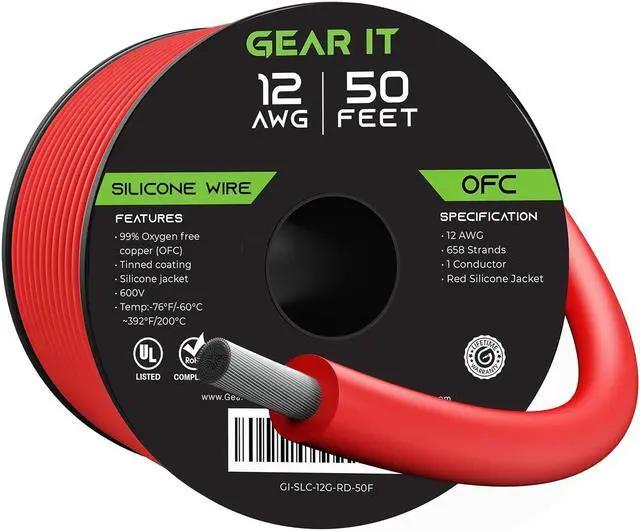 Main image of GearIT 12 Gauge Silicone Wire 600V (Red - 50 Feet) 12AWG Tinned OFC Oxygen Free Copper Stranded Soft Flexible Wires for Primary, Electrical, Car/Auto, Trailer, Amp - 12ga 50ft