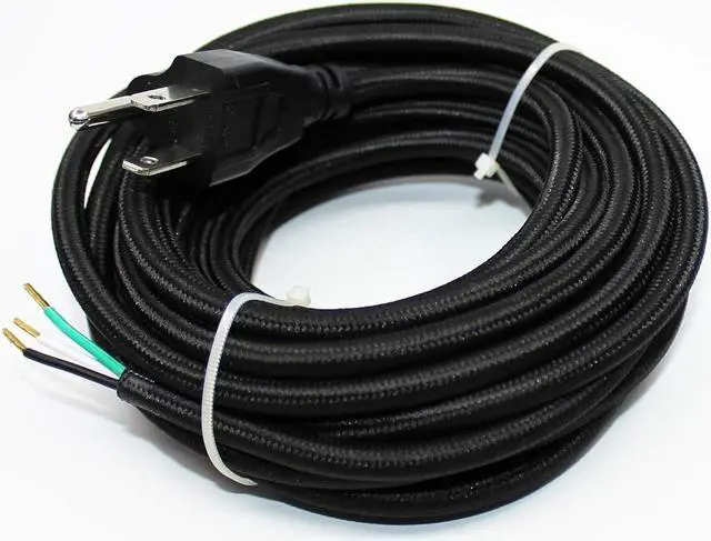 Main image of 18/3 20Ft Vintage Electrical Wire with Plug Lamp Cord Rayon Covered Braided Black 18 AWG 3 Conductor 20 Feet Flexible Fabric Pendant Lighting Power Antique Cable(10A)