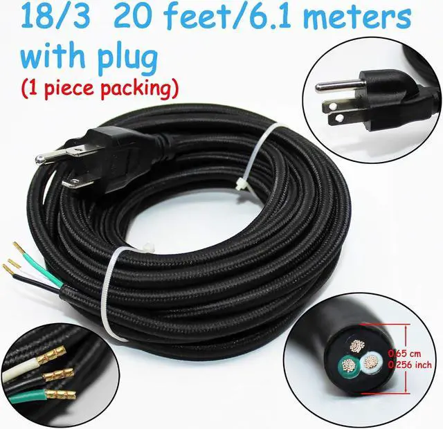 Alt view image 2 of 6 - 18/3 20Ft Vintage Electrical Wire with Plug Lamp Cord Rayon Covered Braided Black 18 AWG 3 Conductor 20 Feet Flexible Fabric Pendant Lighting Power Antique Cable(10A)