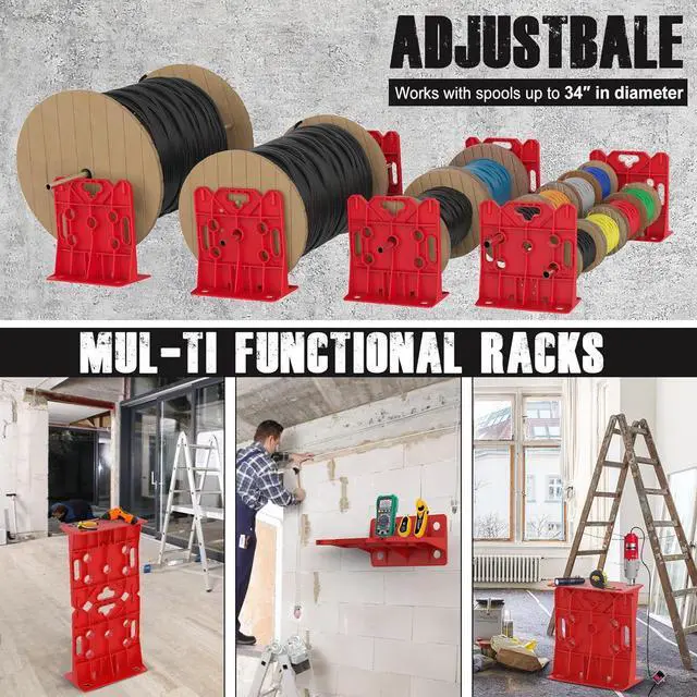 Alt view image 3 of 7 - Multi Purpose Wire Dispenser, Cable/Wire Spool Rack, Wire Spool Caddy, Holds Spools Up to 34" in Diameter, Load Capacity 330 LBS, 1 Pair (Red)