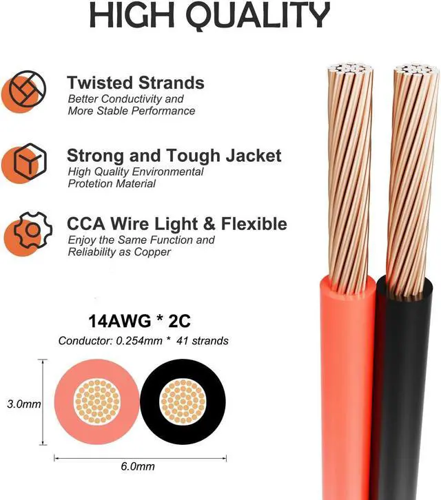 Alt view image 2 of 6 - 14 Gauge Wire 2 Conductors 100FT Speaker Wire 14AWG Copper Clad Aluminum Copper Wire Red and Black Wire Automotive Wire Hookup Wire LED Light Wire 12V/24V DC Cable