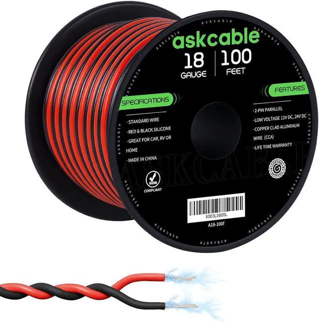 Main image of 18Gauge 100FT Electrical Wire Cable Flexible Wire Extension Cord 18AWG Copper Clad Aluminum Copper Wire 2 Conductors Red Black Parallel Wire line Hookup LED Lighting Strips 12V/24V DC Cable