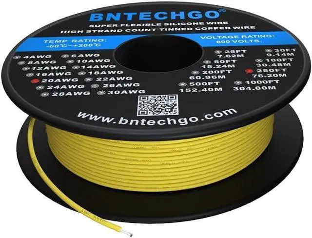Main image of BNTECHGO 20 Gauge Silicone Wire Spool 250 ft Yellow Flexible 20 AWG Stranded Tinned Copper Wire