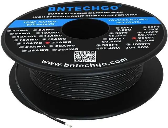 Main image of BNTECHGO 22 Gauge Silicone Wire Spool 250 ft Black Flexible 22 AWG Stranded Tinned Copper Wire