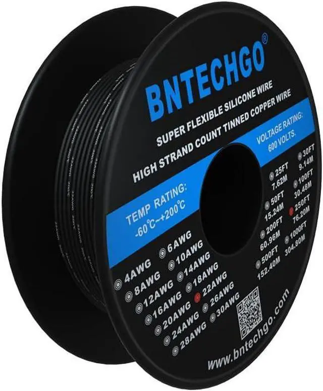 Alt view image 2 of 7 - BNTECHGO 22 Gauge Silicone Wire Spool 250 ft Black Flexible 22 AWG Stranded Tinned Copper Wire