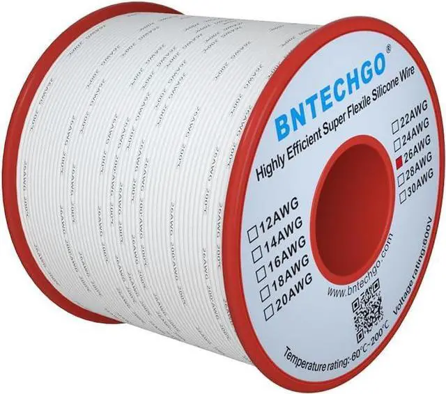 Main image of BNTECHGO 26 Gauge Silicone Wire Spool 250 ft White Flexible 26 AWG Stranded Tinned Copper Wire