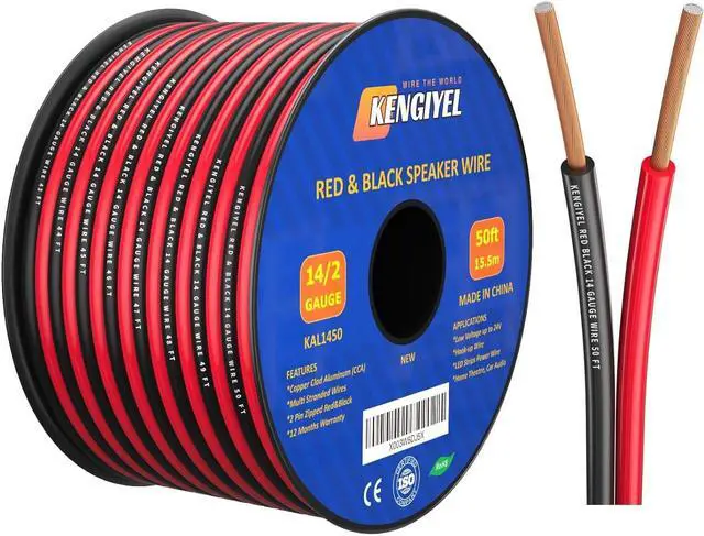 Main image of 50FT 14 Gauge Speaker Wire 2 Conductors Red Black Cable Hookup LED Lighting Strips Electrical Wire Extension Cord 14/2 Gauge Wire Copper Clad Aluminum 12V/24V DC Cable Flexible Extension Cord