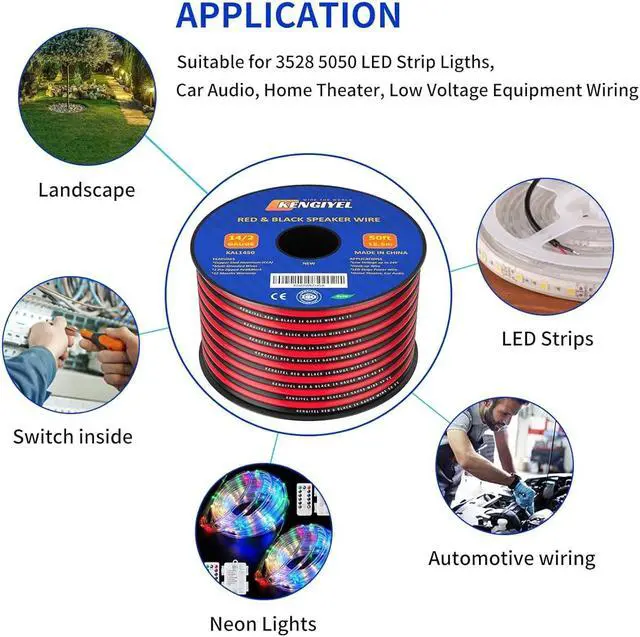 Alt view image 5 of 7 - 50FT 14 Gauge Speaker Wire 2 Conductors Red Black Cable Hookup LED Lighting Strips Electrical Wire Extension Cord 14/2 Gauge Wire Copper Clad Aluminum 12V/24V DC Cable Flexible Extension Cord