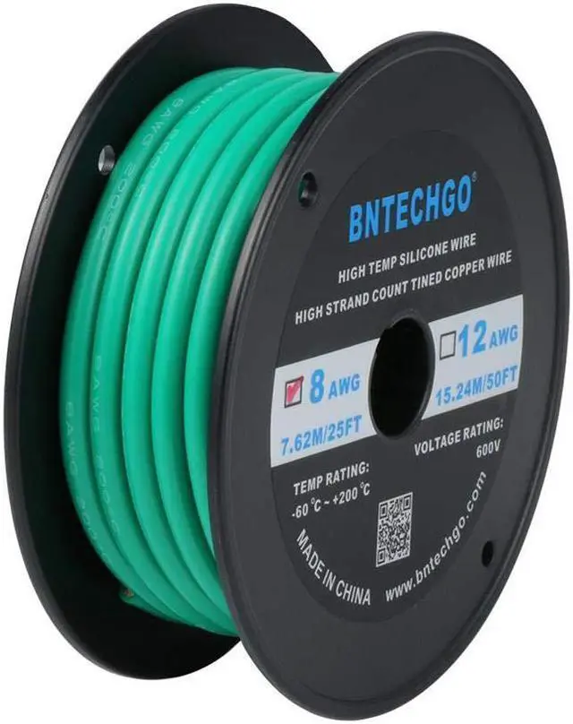 Main image of BNTECHGO 8 Gauge Silicone Wire Spool 25 ft Green Flexible 8 AWG Stranded Tinned Copper Wire