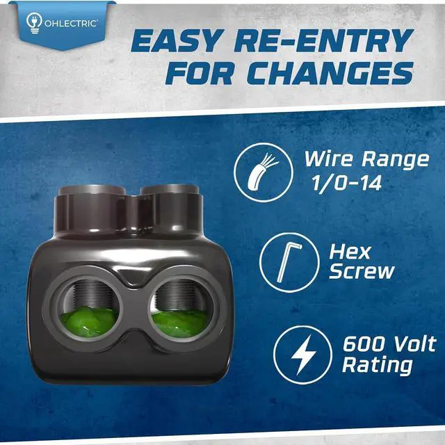 Alt view image 3 of 7 - OhLectric Black Insulated Splice Connector with Pre-Filled Oxide Inhibitor Rubber Vinyl Coating, 1/0-14 Wire Range, 3/16 Allen Hex, 2-Port Dual Entry Electrical Power Conductor, 2-Set Screws -4 Pack