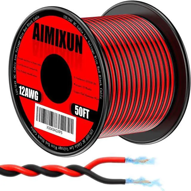 Main image of 12 Gauge Electrical Wire 50FT, 12 AWG Wire 2 Pin Flexible Wire Red and Black Cable 12V Aluminum Copper Wire PVC 2 Conductors Red Black Parallel Wire Line DC Cable Low Voltage Wire 12V/24V