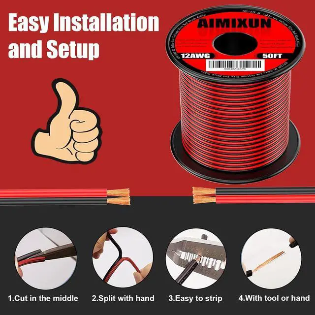 Alt view image 3 of 7 - 12 Gauge Electrical Wire 50FT, 12 AWG Wire 2 Pin Flexible Wire Red and Black Cable 12V Aluminum Copper Wire PVC 2 Conductors Red Black Parallel Wire Line DC Cable Low Voltage Wire 12V/24V