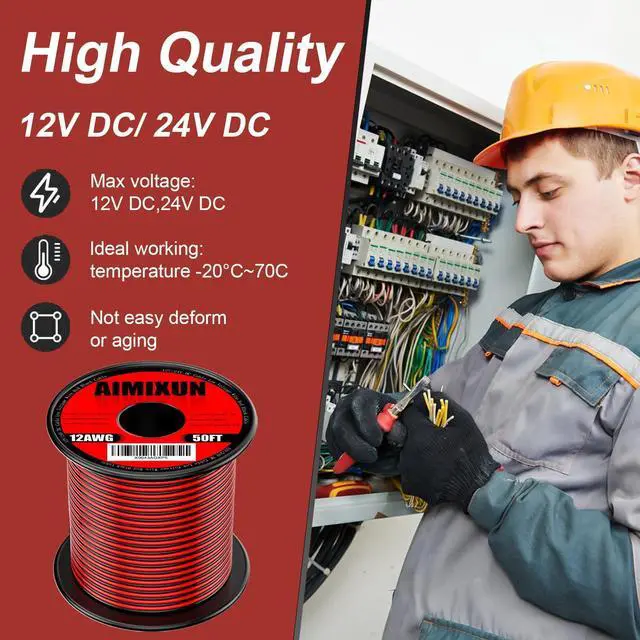 Alt view image 4 of 7 - 12 Gauge Electrical Wire 50FT, 12 AWG Wire 2 Pin Flexible Wire Red and Black Cable 12V Aluminum Copper Wire PVC 2 Conductors Red Black Parallel Wire Line DC Cable Low Voltage Wire 12V/24V