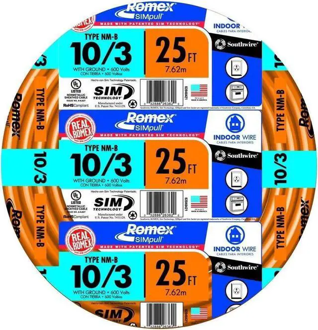 Main image of Southwire 63948421 25' 10/3 with ground Romex brand SIMpull residential indoor electrical wire type NM-B; Orange