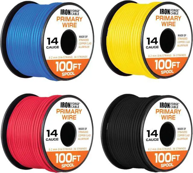 Main image of Iron Forge Cable 14 Gauge Primary Automotive Wire - 4 Roll Assortment Pack - 100 Ft of Copper Clad Aluminum Wire per Roll