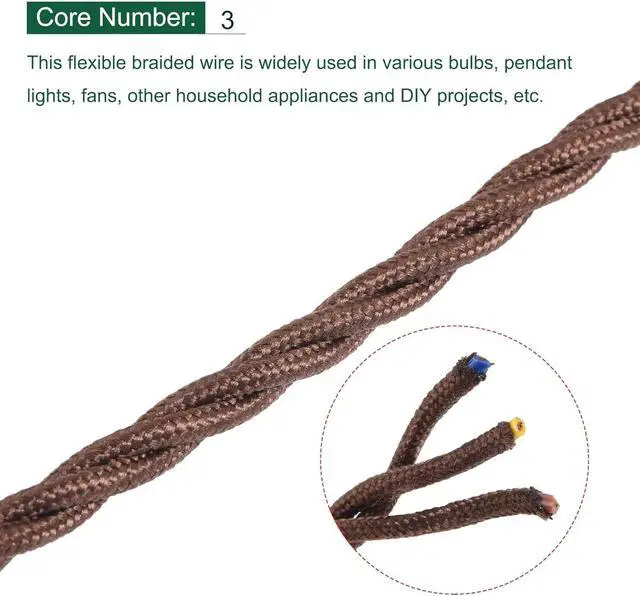 Alt view image 3 of 5 - MECCANIXITY Twisted Cloth Covered Wire 3 Core 18AWG 3 Meter/9.8 Feet, Vintage Woven Fabric Electrical Cable for Pendant Light DIY Project, Brown
