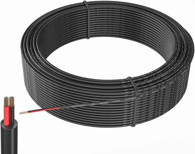 Main image of 22 AWG 2 Conductor Electrical Wire - 66ft Stranded PVC Cord Oxygen-Free Copper Cable for Low Voltage LED Strips, Lamps, Lighting & Automotive - TUOFENG